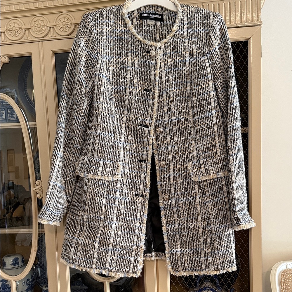 Karl Lagerfeld Black and White Tweed Blazer Coat
